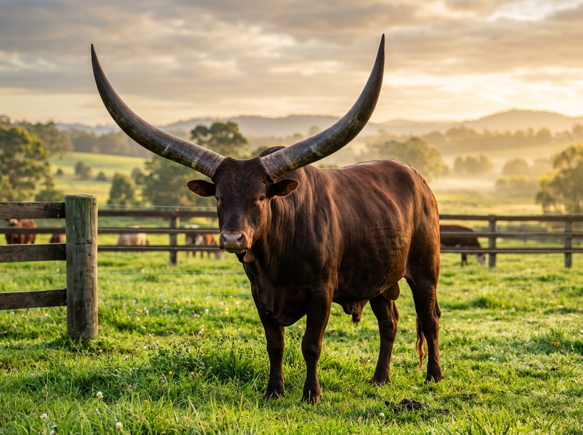 Champion Ankole breeding bull standing in a paddock