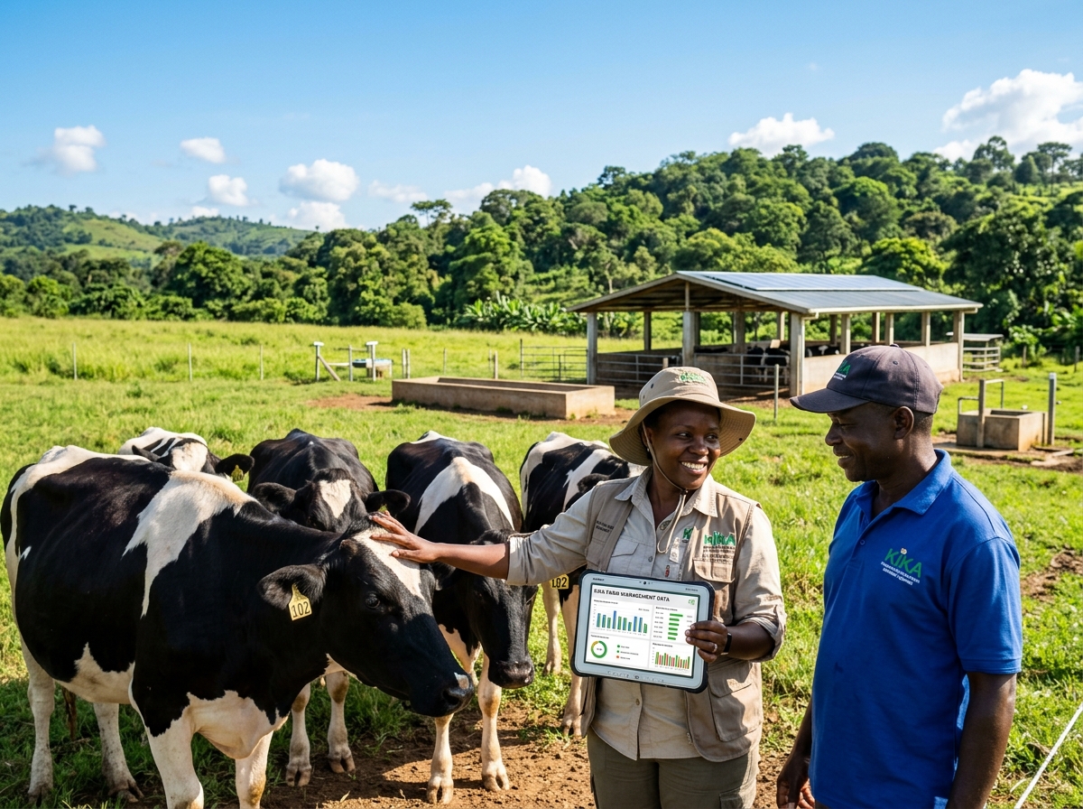 Agricultural consultant reviewing farm records with a dairy farmer in Uganda