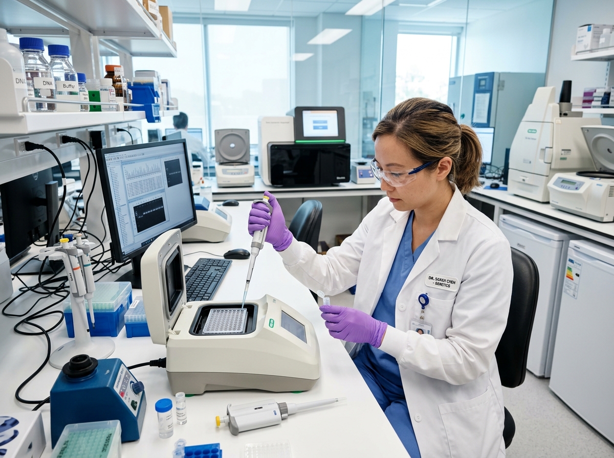 Scientist analyzing DNA samples in a veterinary molecular genetics laboratory