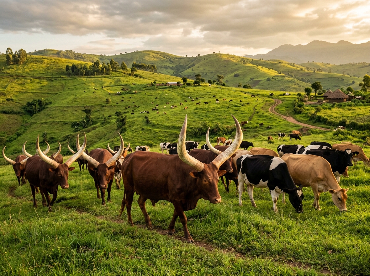 Cattle grazing on lush green Ugandan pasture