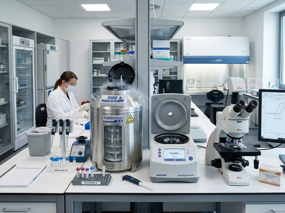 Biomedical lab equipment, liquid nitrogen tanks, and centrifuges