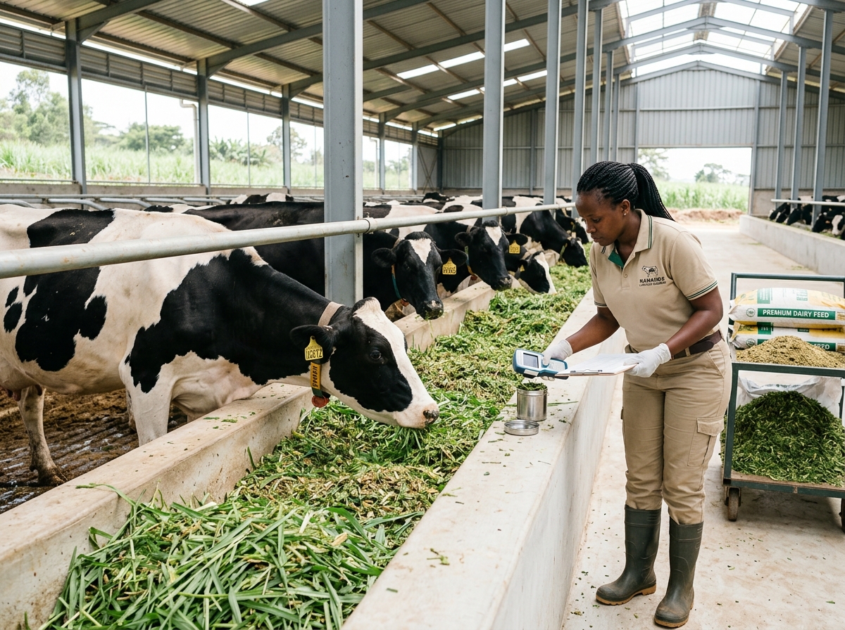 Livestock nutritionist inspecting formulated silage feed in dairy barn